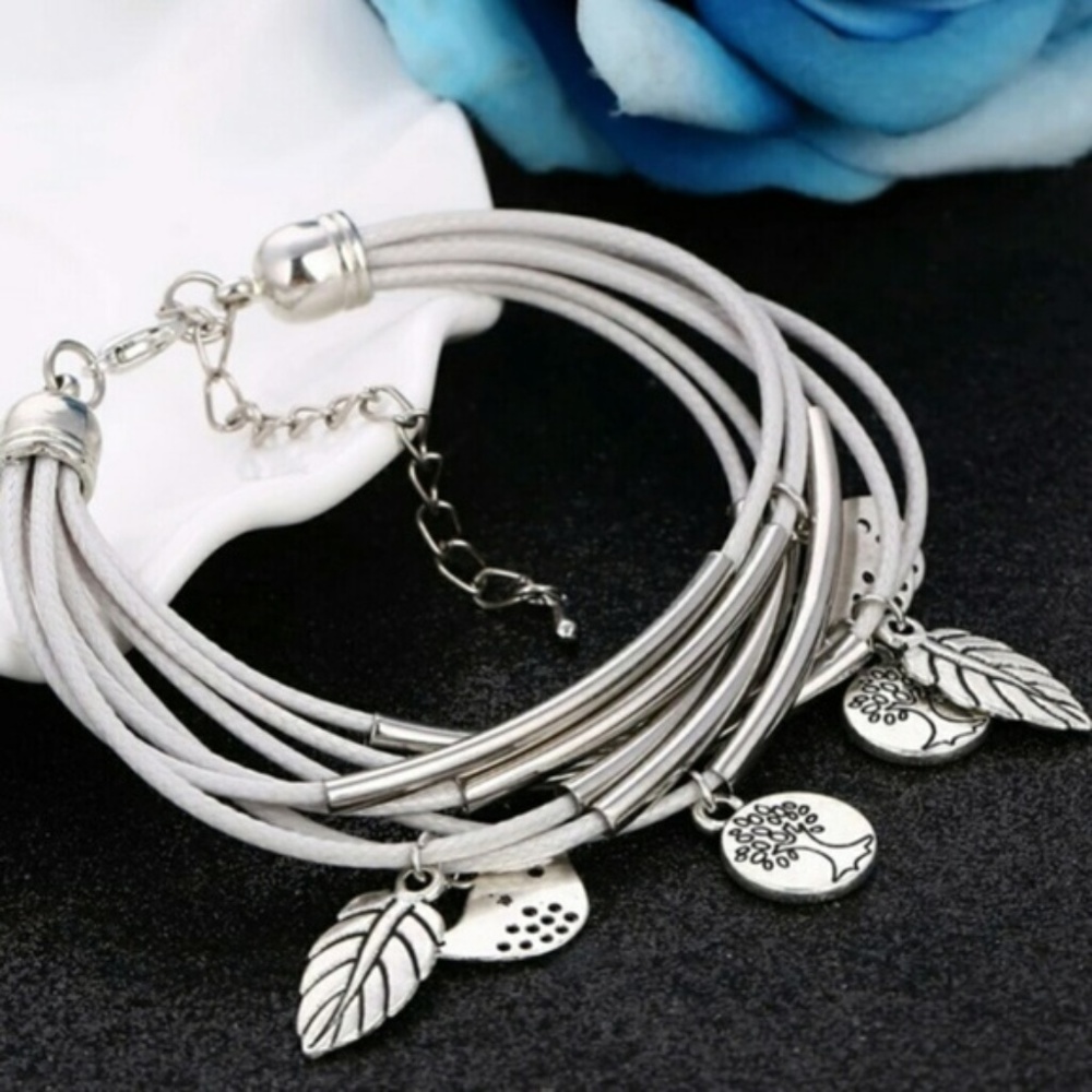 Leaves, Bird & Tree of Life Charm White Bracelet - Picture 1 of 2